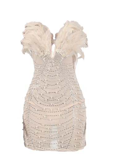 Baczoe Rhinestone Dress for Women Sexy Birthday Feather Sequins Faux Pearl Nightclub One Piece Outfits (Apricot, L)