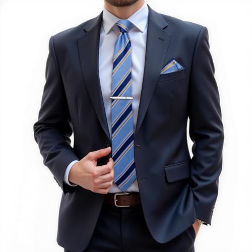 Image of DiBanGu Mens Tie Silk Plaid Striped Necktie and Pocket Square Cufflinks Tie Clip Set with Gift Box Formal Wedding Party