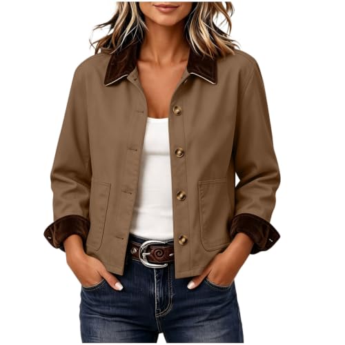 Womens Barn Jacket Cropped Corduroy Collar Office Travel With Patch Pockets - image 1