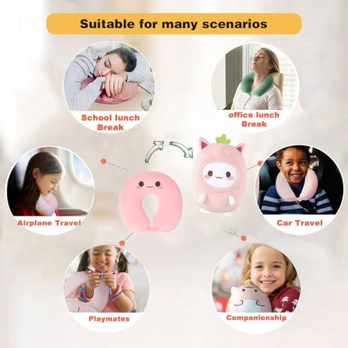 Image of Kids Travel Pillow - 2-in-1 Deformable Kids Neck Pillow for Traveling, Soft U-Shaped Pillow with Adorable Animal Design, Comfy Sleep and Play, Ideal for Airplanes and Traveling (Pink Strawberry)