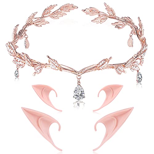 Didder 2 Pairs Elf Ears & Rhinestone Leaf Tiara Set, Fairy Ears Crown Headband Wedding Tiaras For Women Elf Ears Cosplay Accessories Fairy Costume For Women Halloween Elven Vampire #TOP16