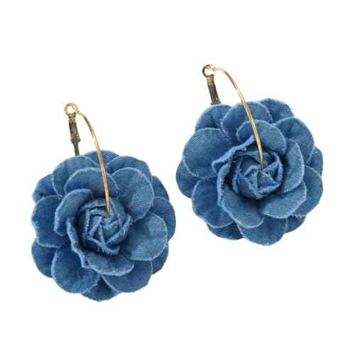 Big Denim Camellia Flower Statement Hoop Earrings for Women Blue Blossom Golden Plated Large Huggie Dangle Drop Earring Fashion Jewelry Gifts Birthday