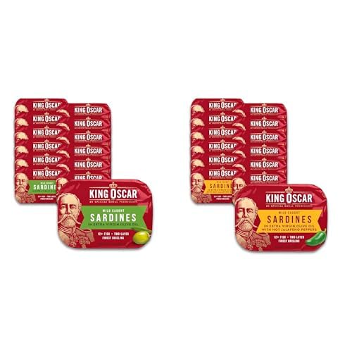King Oscar Sardines Bundle - Extra Virgin Olive Oil & Hot Jalapeno Peppers, 3.75-Ounce Cans (Pack of 12, 2 Varieties)