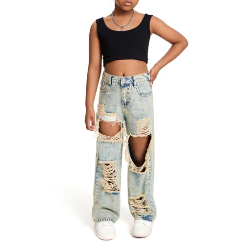 Ripped Denim Jeans for Kids Straight Wide Leg Distressed Washed Cotton Baggy Pants Casual Lightweight Trendy Streetwear3