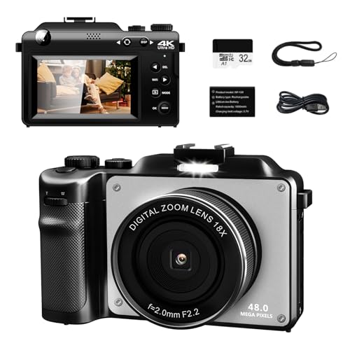 OKA gute Qualität Fotocamera digitale 4K, 18X, zoom digitale, 48 MP, doppia fotocamera, 8 filtri, con scheda 32G, schermo da 3,0", fotocamera compatta WiFi, Vlog per anziani principianti (argento)