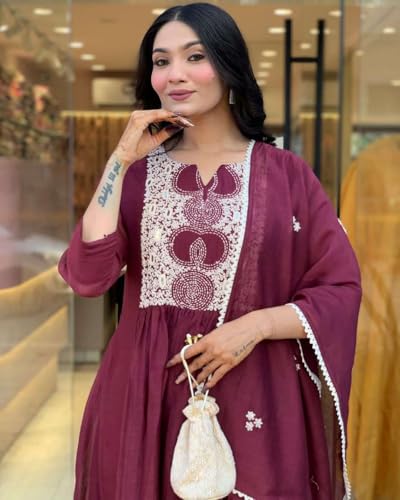 Image of Women's Cotton Printed Anarkali Kurti with Pant and Mulmul Dupatta Set