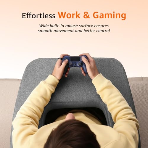 Image of amazon basics Gaming Lap Pillow | Lap Desk with Armrest Design | Side Pocket | Washable Velvet Cover | for Bed, Sofa & Floor | Grey