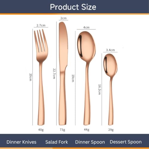 Image of Clovis Stainless Steel Flatware Set 4 Pieces, Titanium Plated Mirror Finish, Cutlery Set for 1 with Knife Fork Spoon and Teaspoon, Rose Gold