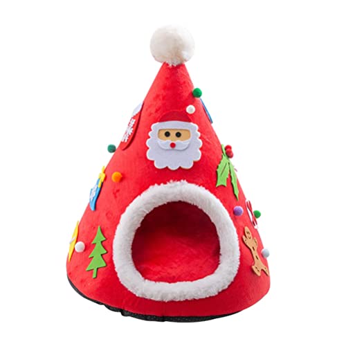 Cat Christmas Tree, Christmas Cat Bed, Semi Enclosed Pet Bed Cave Xmas Nest, Washable Xmas Kitten Hut Hideout, Winter Warm Pets Nest Pet House, Cute Pets Cave Beds for Small Dog or Bunny (red)