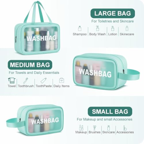 Image of Makeup Pouch Bag PVC Travel Toiletries Organizer Cosmetic Bags Wash Bag Pouch for Travel Kit Toiletry Bag Portable Organizer Case Carry Pouch for Women Bathroom Set of 3 (Green)