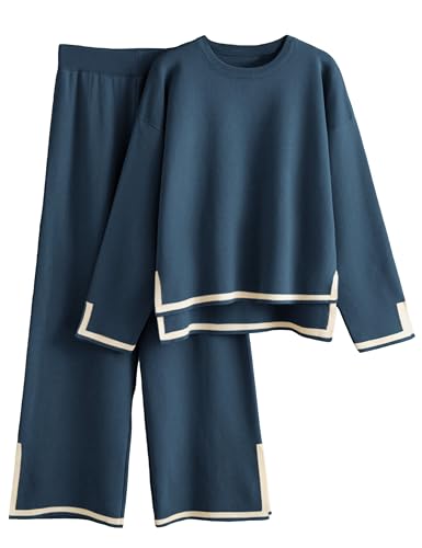 Tanming Women's 2 Piece Outfits Long Sleeve Knit Sweater Top Wide Leg Pants Lounge Sets Tracksuits(Navy-S)