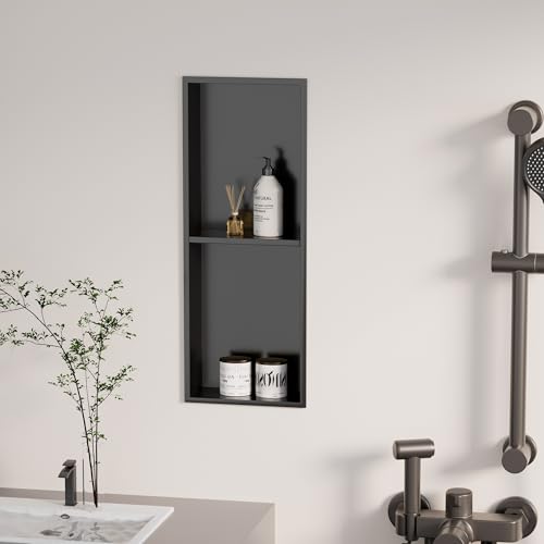 bimiti Bathroom Wall Niche Black, Stainless Steel Shower Niche Wall Insert Double Shelf Organizer 70 X 28 X 12.5CM, Black Shelf Insert Shower Storage for Bathroom, Kitchen (1, Double Layer)