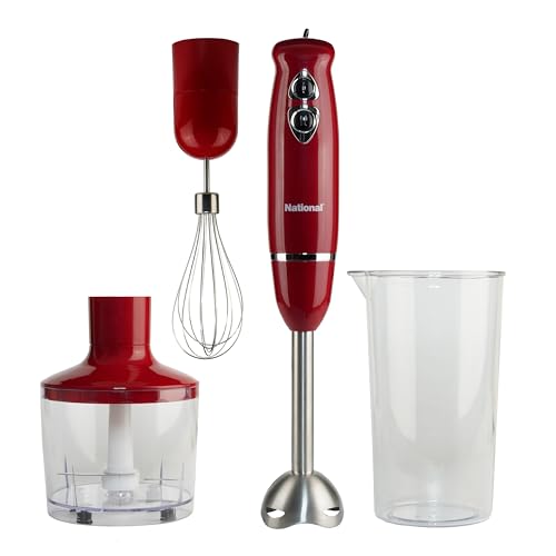 National NA-3104HB 4-in-1 Multi-Purpose Immersion Hand Blender Blend, Puree, Mash, Chop and Whisk, Two Speeds, Splash Control, and ETL Approved with Interchangeable Attachments (Red)
