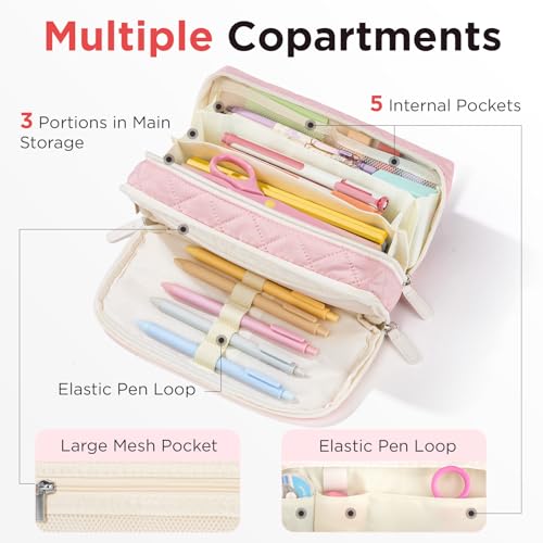 Image of Sooez Large Pencil Case Pouch, Extra Big Pencil Bag with 8 Compartments, Pen Bag Wide Opening, Soft Quilted Pencil Pouch Organizer with Zipper, Portable Pencil Case for Teen Girls, Rose Pink