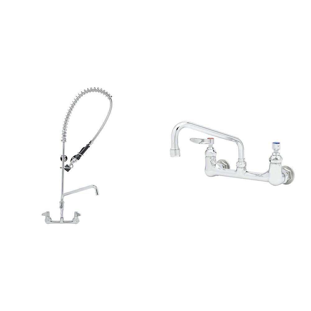 T&S Brass 5PR-8W12-C 8" Wall Mount Low Flow Pre-Rinse with 12" Swing Nozzle Add-On Faucet | T&S Brass B-2414 Double Pantry Faucet, Wall Mount, 8" Centers, 8" Swing Nozzle, Eternas with Lever Handles