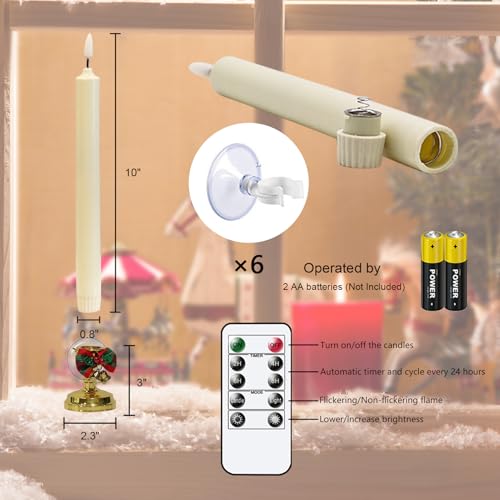 Image of Wondise Flameless Window Candles with Remote Timer, Battery Operated Taper Candles with Wreath, 3D Wick Flickering for Christmas Decoration, Removable Suction Cups and Gold Holders Included (6 Packs)