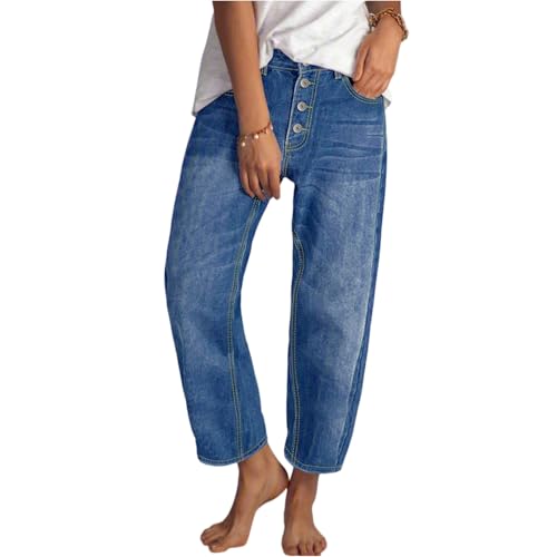 Barrel Jeans for Women Trendy High Waisted Baggy Wide Leg Cropped Relax Fit Denim Trouser Ankle Pants with Pockets
