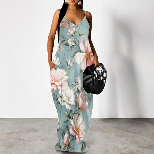 Image of Women's Summer Maxi Dress Spaghetti Strap Floral Boho Beach Long Sundress with Pockets