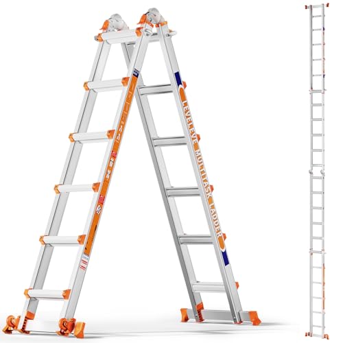 LEVELEVE Telescoping A Frame Ladder, 20FT Multi Position Ladder with Stabilizer Bar & Wheels,330 lbs Security Load for Stairs Home Indoor Outdoor Roof