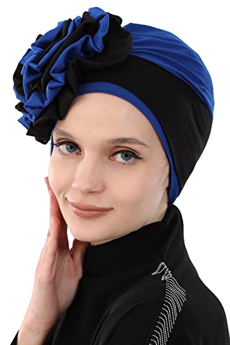 Instant Turban Cotton Scarf Head Wrap Two Colored Caps For Women Black-Sax Blue