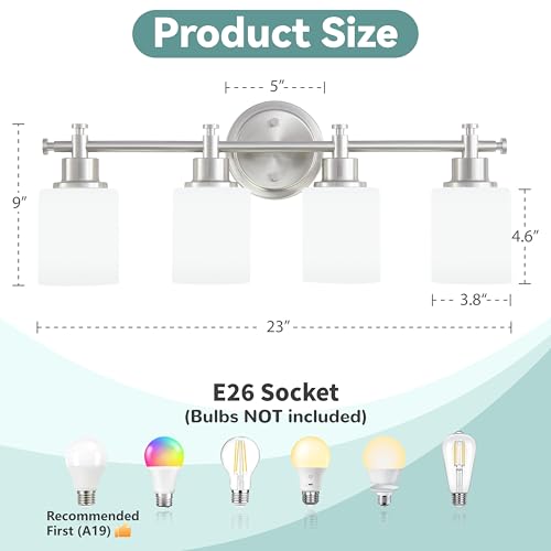 Image of 4-Light Bathroom Vanity Light, 23 In Brushed Nickel Vanity Light Fixture | Modern Anti-Rust Wall Sconce over Mirror with White Frosted Glass Shades, Bathroom, Hallway, 23 Inch, E26(Bulbs Not Included)