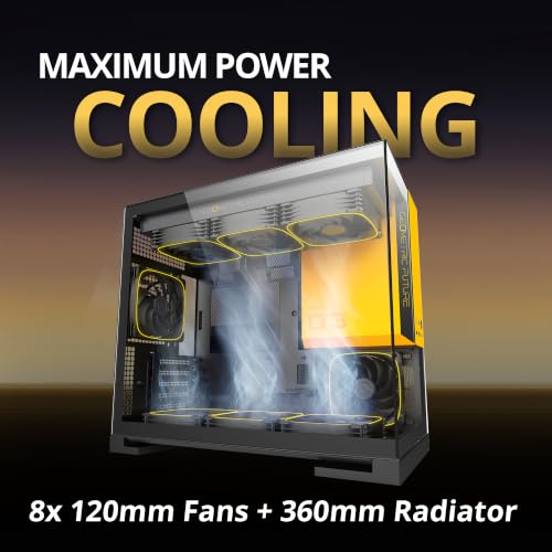 Image of Geometric Future Model 3 Panoramic Tempered Glass Dual Chamber Micro-ATX Tower PC Case, 5 Pre-Installed 120mm x 30mm PWM ARGB Fans, USB Type-C, 360mm Radiator Support, Black /Yellow, GEO-M3F-BY