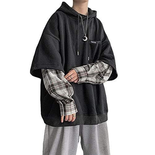 Emo Streetwear Vintage Black Hoodie Men Teen Oversized Fake Two Piece Hoodie Punk Patchwork Pullovers Grunge Clothes