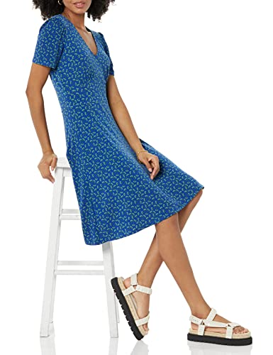 Image of Amazon Essentials Women's Short Sleeve V-Neck Gathered Flattering Fit and Flare Dress