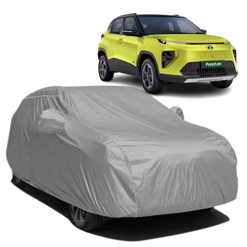 Image of BARBARIKA Waterproof Car Body Cover Compatible with Tata Punch EV | Waterproof, UV Resistant, Dustproof, Mirror Pockets, with Belt & Buckle - (Grey)