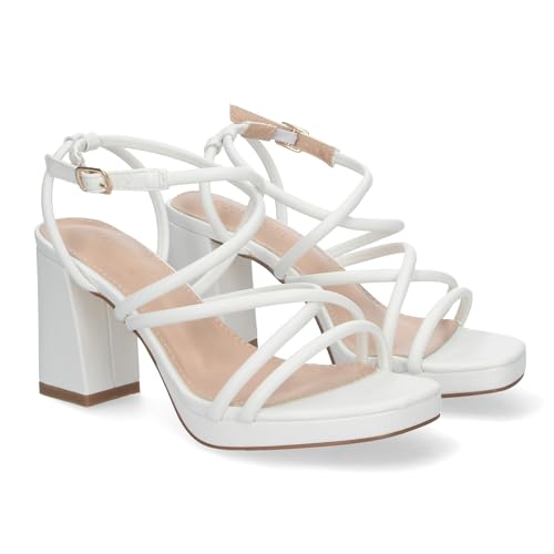 shoes&blues.es 80746-Sandalias de Mujer de Fiesta, con Tiras entrecruzadas con Brillantes, Tacon Cuadrado Metalizado y Cierre de Hebilla Ajustable. Talla 36 Blanco