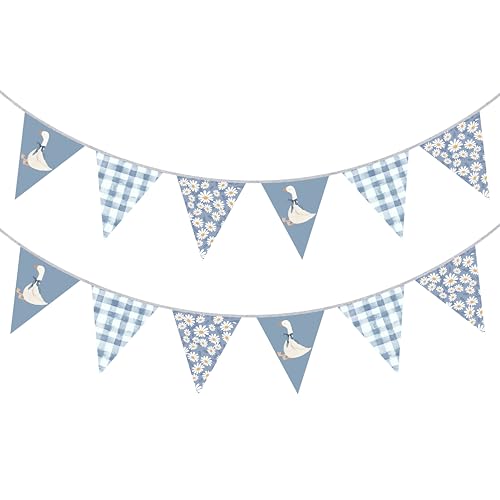 Image of 30 Ft Silly Goose Party Decorations Dusty Blue Buffalo Plaid Floral Daisy Pennant Banner Flag Hanging Paper Triangle Bunting for Silly Goose Birthday Wedding Shower Party Decorations Supplies