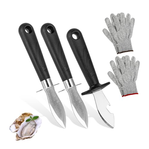FHISKUNYU Juego de 3 Cuchillos de Ostras Profesionales + Guantes Anticorte Grises - Set para Conchas, Queso Duro, Cocina, Jardinería y Bricolaje