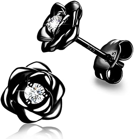 Black Gold Plated Sterling Silver Rose Flower Earring Studs, Hypoallergenic & Nickel Free Earrings for Women