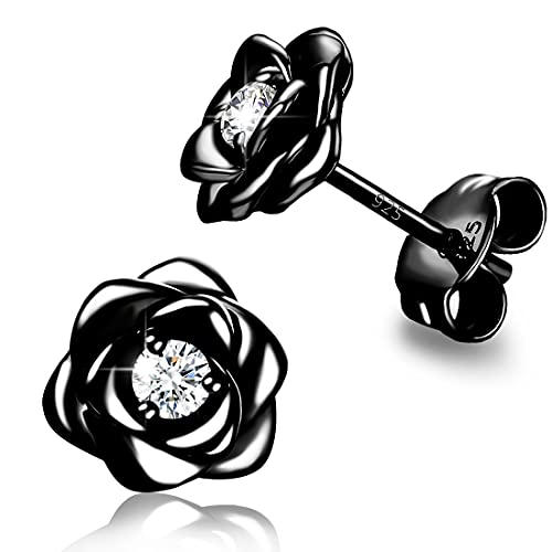 Image of Gold Plated Sterling Silver Rose Flower Earring Studs, Hypoallergenic & Nickel Free Earrings for Women