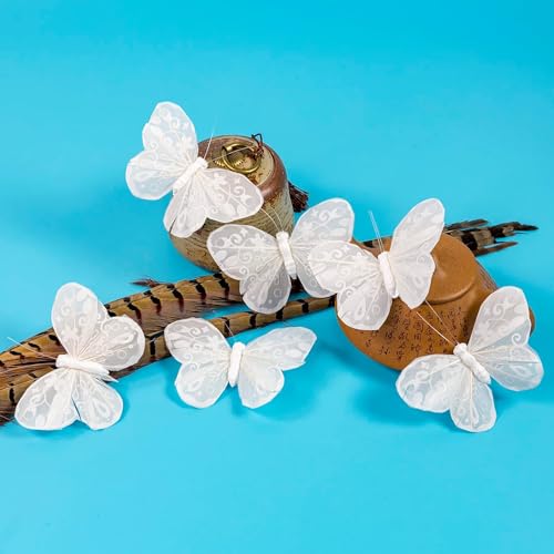 YCHTEWY Feather Butterfly Decoration on Picks, Floral Supplies, Set of 12 Pieces, with Wire, White Butterflies