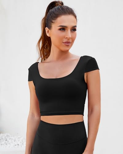 DaiLiWei Open Back Workout Tops for Women Short Sleeve Longline Sports Bras Support Crop Tank Yoga Shirts with Built in Bra2
