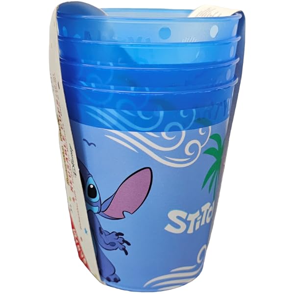 Lot de 4 verres réutilisables pour enfants, 250 ml, en plastique, sans BPA, cadeau 500 lavages, pour Disney STITCH