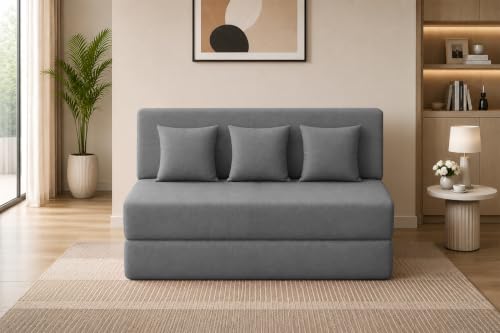 Image of Los Angeles Foldable 3 Seater Sofa Cum Bed, Sofa Bed 5X6 Feet Jute Fabric Washable Cover- Including Cushion Perfect for Living Room & Office - Grey Color