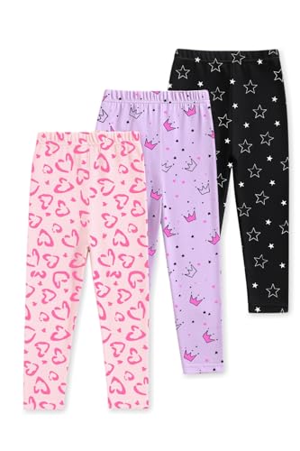 Image of Trampoline Girls Printed Leggings Pack of 3 | Cotton Lycra Stretchable Solid Leggings | Soft & Comfortable Slim Fit Bottoms for Kids - Purple, Pink & Black