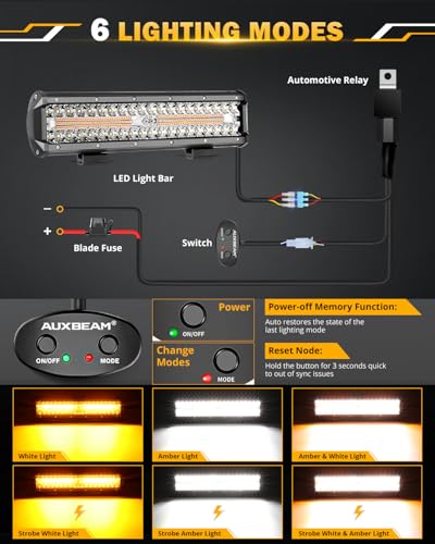 Image of Auxbeam 12 Inch LED Light Bar, 6 Modes Strobe Amber Pod Lights Yellow Fog Light Dual Color Spot Flood Offroad Driving Lights, Memory Function LED Work Lights for Truck Car ATV