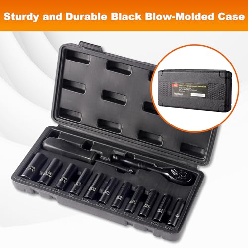 Image of Reniteco 13-Piece 1 /4 inch Drive Socket Set, SAE (3 /16 inch- 11 /32 inch), Deep Sockets, 72-Tooth Ratchet Wrench, Drive Spinner Handle, 6 Point Design, Cr-V