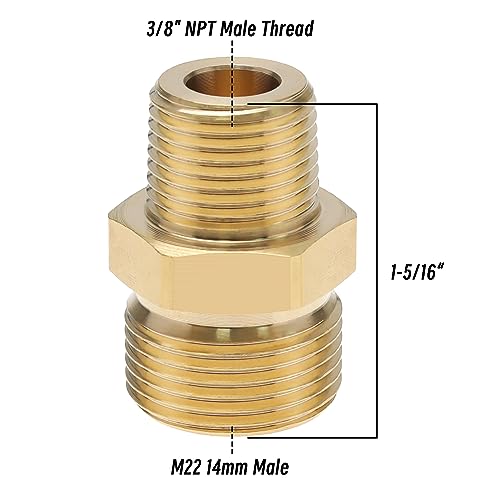 YINETTECH 2PCS Brass Pressure Washer Coupler 3/8 Inch NPT Male to M22 14mm Male Adapter Fitting 4500 PSI External Thread Pressure Washer Hose Connector Converter - Image 4