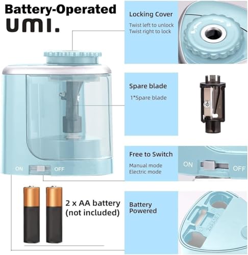 Image of Amazon Brand - Umi Electric Pencil Sharpener, Portable Battery-Powered Sharpener with Transparent Shavings Box, Fits 6-8mm Pencils, Dual Automatic & Manual Modes for School, Office, Home Use (Blue)