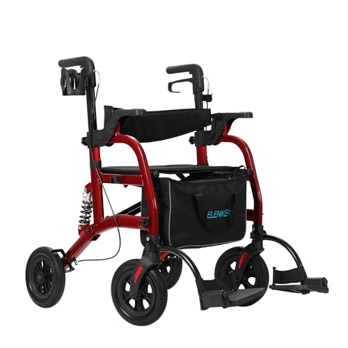 ELENKER Rollator Walker Transport - Silla de ruedas con amortiguador, 2 en 1 con asiento, ruedas todo terreno para personas mayores, rojo
