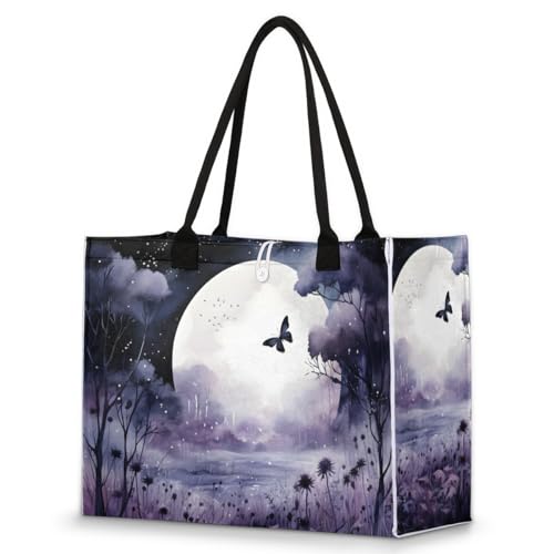 Purple Late Night Moon Tote Bag for Women Large Beach Bag Reusable Tote Bags for Work Travel Beach Shopping