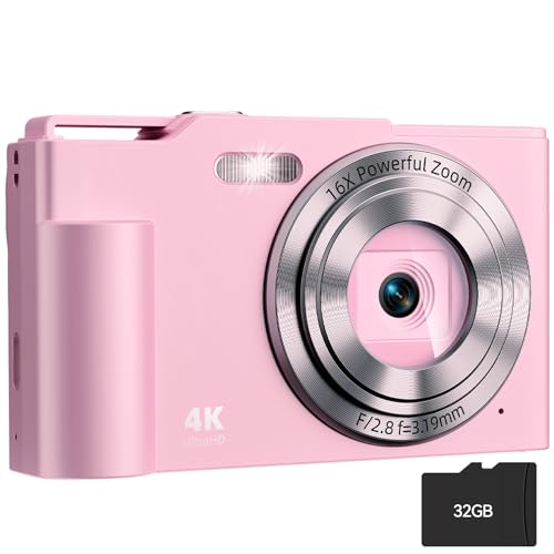 Image of Digital Camera, FHD 4K Digital Point and Shoot Camera with 16X Zoom Anti Shake, 48MP Compact Small Camera with 32GB Card for Boys Girls Kids Rose Pink