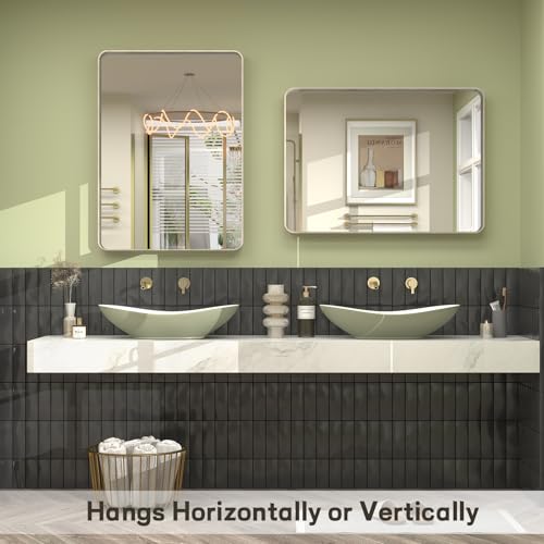 20x30 Inch Brushed Nickel Bathroom Mirror, Brushed Silver Metal Framed Wall Mirror, Rounded Corner Rectangle Modern Vanity Mirror, Tempered Glass, Anti-Rust, Shatterproof (Horizontal/Vertical) - Image 7
