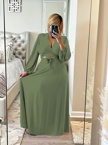 Image of Plus Size Women's 2 Piece Outfits Casual Long Sleeve Wrap Crop Top Maxi Long Dress Flowy Matching Sets