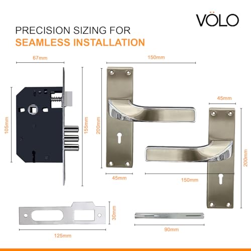 Image of VOLO Stainless Steel Mortise Lock | 8 Inch Lock Body | Main Door Handle Set with Keys | Wooden Door Lockset | Hotel Office Home Door Lock | 3 Keys | 10 Year Lock Body Warranty (Silver | KY | 6006)