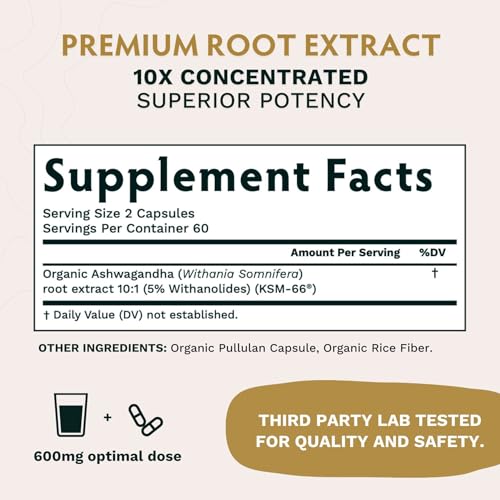 TRIBE ORGANICS Ashwagandha KSM 66 Pure Organic Root Powder Extract Ayurvedic Supplement - Focus, Mood Support, Increase Energy, Strength, 600mg of Natural KSM66 for Superior Absorption - 120 Capsules - Image 5